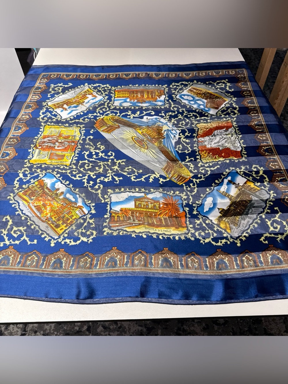 Vintage Souvenir Square Scarf 38" Italy ROMA 2000 Blue Satin Boho Art To Wear